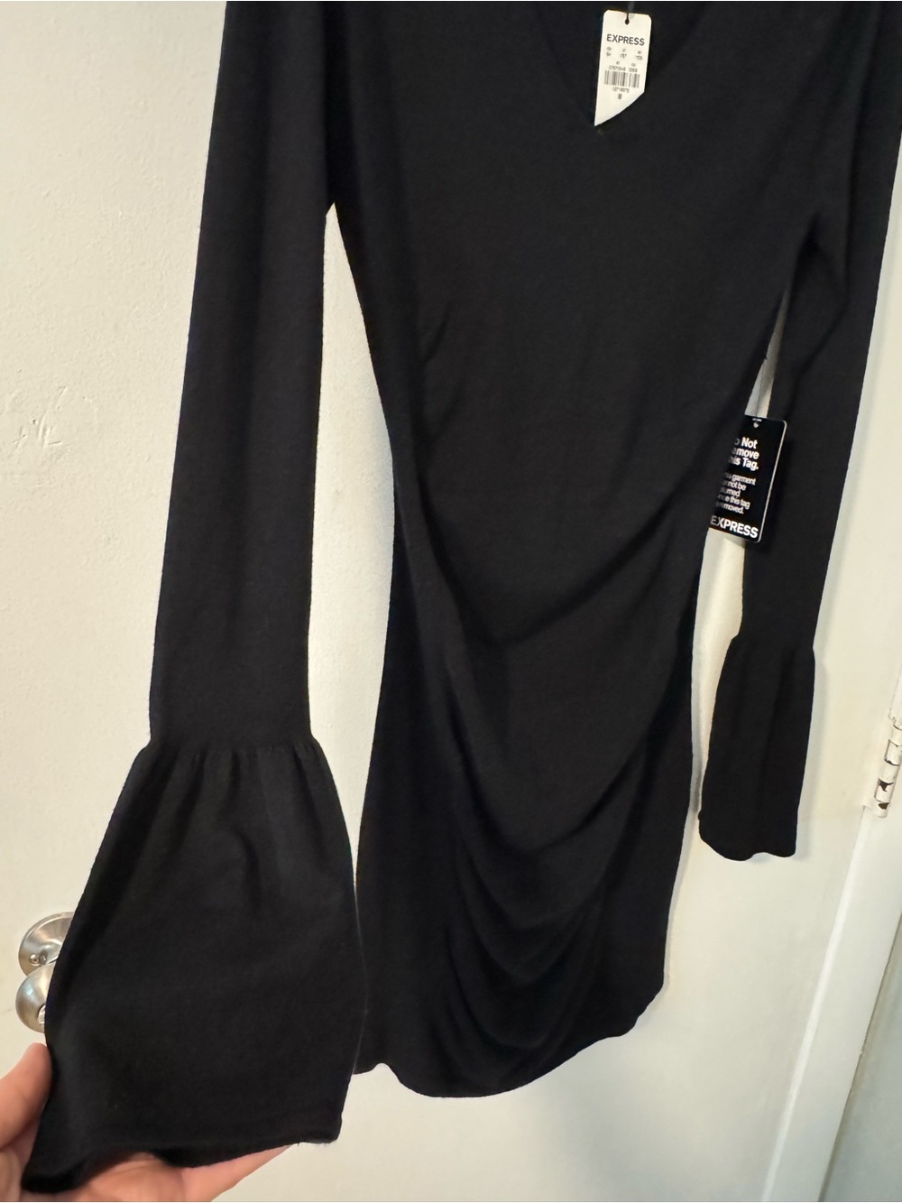 NWT Express Black Long-Sleeve V-Neck Bell-Sleeve ruched Dress